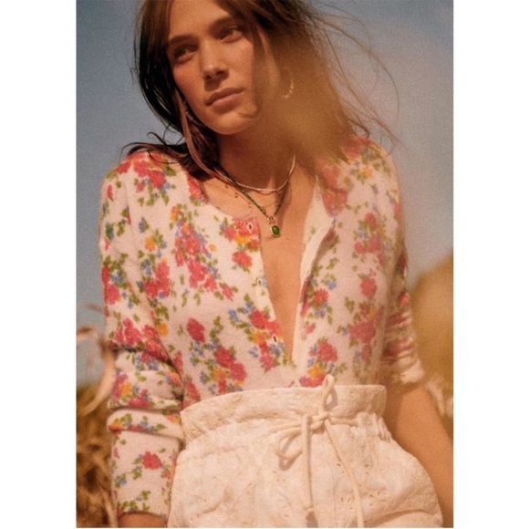 SEZANE Cream Red Pink Yellow Floral Juno Reversible Mohair Wool Cardigan Sweater - Picture 9 of 15